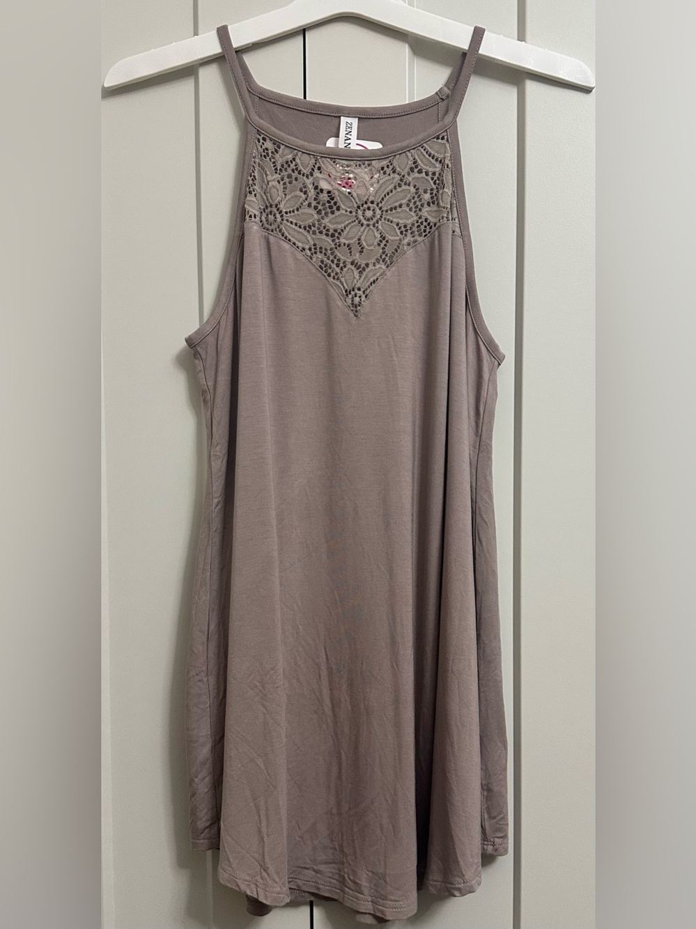 Zenana Lace Yoke Halter Tank Top 
Color Ash Mocha   Size XL